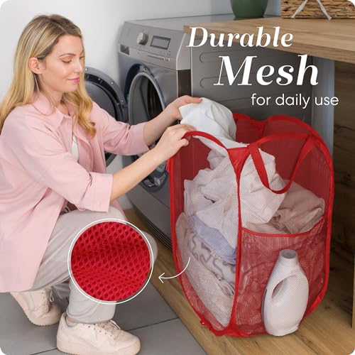Handy Laundry Collapsible Mesh Pop Up Laundry Hamper with Side Pocket – Breathable, Space-Saving, Durable Basket for Clothes, Toys, Travel & Storage, 14 x 13 x 24 in, Red - color: Red