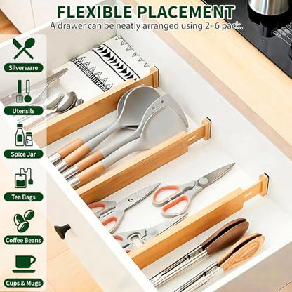 CMOOD 6 PCS Bamboo Drawer Dividers, Kitchen Drawer Dividers, 17"-22" Expandable Adjustable Bamboo Drawer Dividers Organizers for Kitchen, Clothes, Dresser, Bedroom, Home, Office, Spring Loaded