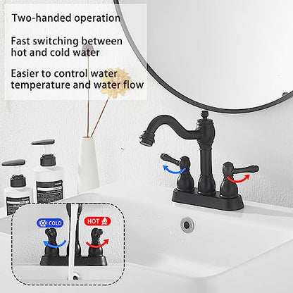 Matte Black Bathroom Faucet 2 Handles 4 Inches Centerset RV Black Bathroom Vanity Faucet with Drain Assembly and Supply Hose Lavatory Faucet - color: Black, size: Centerset