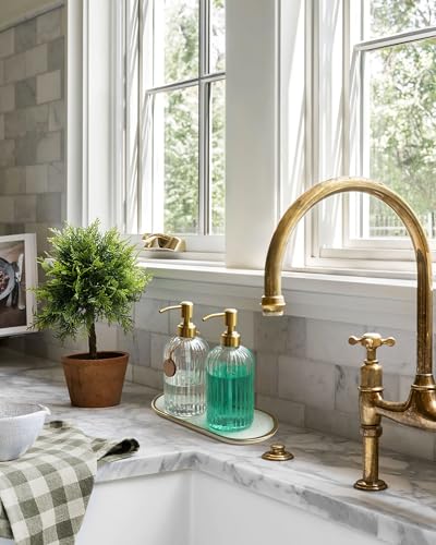 JASAI 2PACK 18Oz Fluted Glass Soap Dispenser with Golden Rust Proof Pump, Refillable Kitchen soap Dispenser with Vertical Stripe, Bathroom Soap Dispenser for Dispense Hand soap, Dish Soap, Lotion. - color: Clear-golden Pump-2p, size: 2 Pack