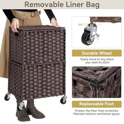 Chrislley Wicker Laundry Basket with Wheels,Rolling Laundry Hamper with Lid | 90L Slim Clothes Hamper with Wheels & Removable Liner Bag, Handwoven Rattan Laundry Organizer for Bedroom, Bathroom, Brown - color: Brown