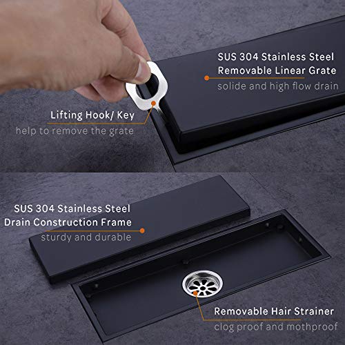 304 Stainless Steel Linear Shower Floor Drain with Tile Insert Grate Removable Cover 12 inch Long Rectangle, Matte Black Plated Finish