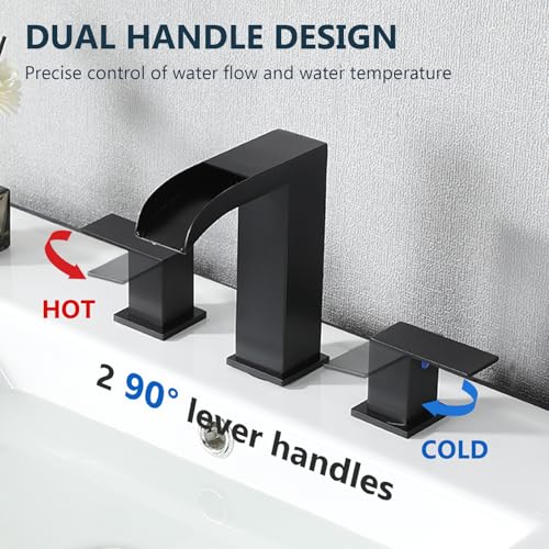 VCCUCINE Black Bathroom Faucet 3 Hole, 8 Inch Widespread Square Waterfall Bathroom Sink Faucet,Matte Black Vanity Bathroom Faucets for Vanity, Restroom, Commercial with Pop Up Drain and Supply Lines