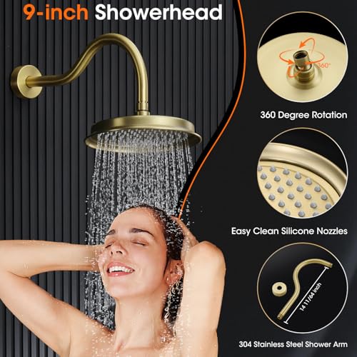 Rainfall Shower System Shower Faucet Set, Luxury, Antique, Light Gold | 9 Inch Single Function Shower Head, Pressure Balance Valve, Wall Mounted, Bathroom, Shower Trim Kit - color: Brushed Light Gold, style: Without Handheld