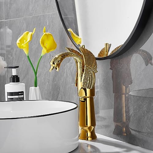 Gold Swan Shape Single Handle One Hole Bathroom Vessel Sink Faucet Deck Mount Lavatory Sink Faucet - color: Gold, size: Tall
