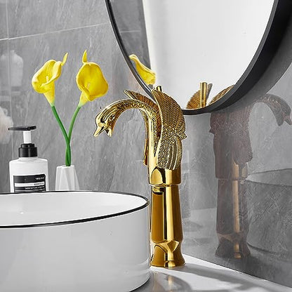 Gold Swan Shape Single Handle One Hole Bathroom Vessel Sink Faucet Deck Mount Lavatory Sink Faucet - color: Gold, size: Tall