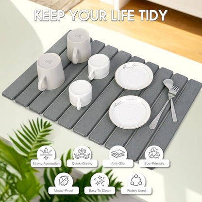 BoxedHome Large Stone Drying Mat for Kitchen Counter, Non-Slip 24"×16" | Quick Drying Diatomaceous Earth, Super Absorbent, Foldable, Birthday Gfts for Women Mom Grandma - color: Dark Grey