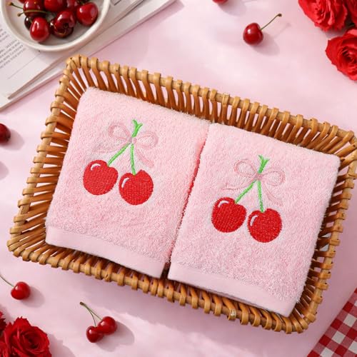 SmoothNovelty 2 Pcs Cherry Hand Towels Light Pink Bathroom Decor 14x29 Inch Embroidered 100% Cotton Soft Absorbent Spring Summer Decorative Hand Towels for Bathroom Kitchen - style: Cherry