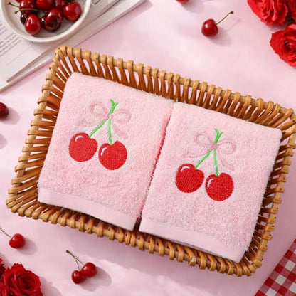 SmoothNovelty 2 Pcs Cherry Hand Towels Light Pink Bathroom Decor 14x29 Inch Embroidered 100% Cotton Soft Absorbent Spring Summer Decorative Hand Towels for Bathroom Kitchen - style: Cherry