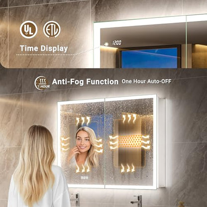 40x30 Front & Backlit Medicine Cabinet with Mirror, 155°Soft-Close Hinge, Surface or Recessed Dimmable Lighted Medicine Cabinet Mirror with Clock Outlet Inner Light,Anti-Fog - size: 40x30'' (Cabinet)