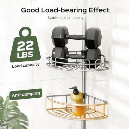 HAMITOR Corner Shower Caddy Tension Pole: 4-Tier Rust-Resistant Adjustable Bathroom Organizer Shelves - 47.72-123.6 Inch No-Drill Quick Install - Space-Saving Storage for Renters Family - Silver Gray