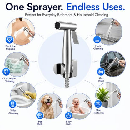 Multifunctional 304 Stainless Steel Bidet Sprayer for Toilet- Bathroom Handheld Bidet Jet Water Sprayer for Feminine Wash, Cloth Diaper with Hose and Toilet Mount - Muslim Shower - All-in-One!