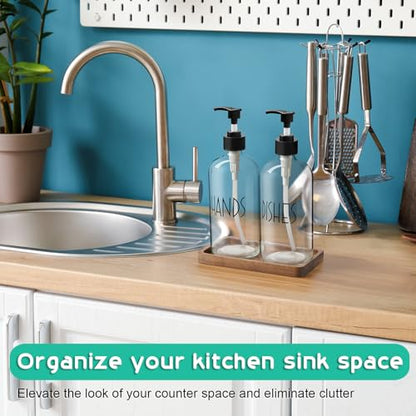 ALELION Glass Soap Dispenser with Pump - 16 OZ Clear Dish and Hand Soap Dispenser Set with Acacia Wood Tray for Kitchen Bathroom - Modern Liquid Pump Bottles - color: Clear