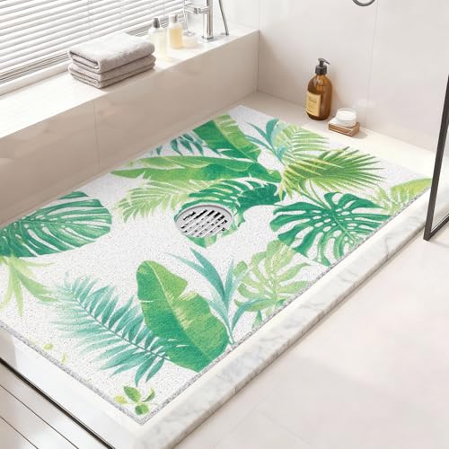 Non Slip Shower Mat: 47.2x31.5 Inch Extra Large Shower Mats for Inside Shower with Drain Hole in Middle - Soft PVC Loofah Anti Slip Shower Floor Mat for Standing and Walk-in Shower, Quick Drying - color: Green Plants, size: 47.2" x 31.5" (Rectangular)
