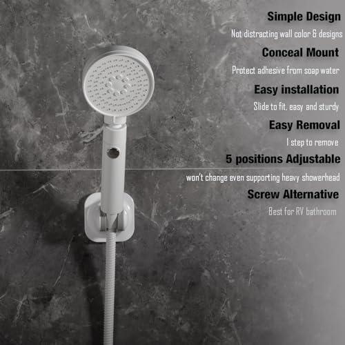 Handle held Shower Head Holder - 5 Positions Adjustable - Conceald Adhesive Mount with Screw Option- RV Camping Shower Head Holder (Gloss White) - color: Gloss White