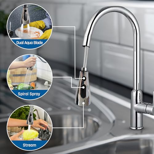 EcoKitchen5Stars Pull-Down Kitchen Faucet Head Replacement, 3-Function Sprayer, G1/2 Thread (13/16 in OD) with 15 Adapters, for Standard Threaded Hoses, Not for Magnetic Dock Faucets, Chrome - color: Chrome