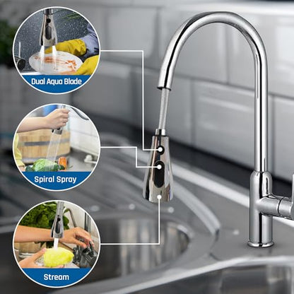 EcoKitchen5Stars Pull-Down Kitchen Faucet Head Replacement, 3-Function Sprayer, G1/2 Thread (13/16 in OD) with 15 Adapters, for Standard Threaded Hoses, Not for Magnetic Dock Faucets, Chrome - color: Chrome