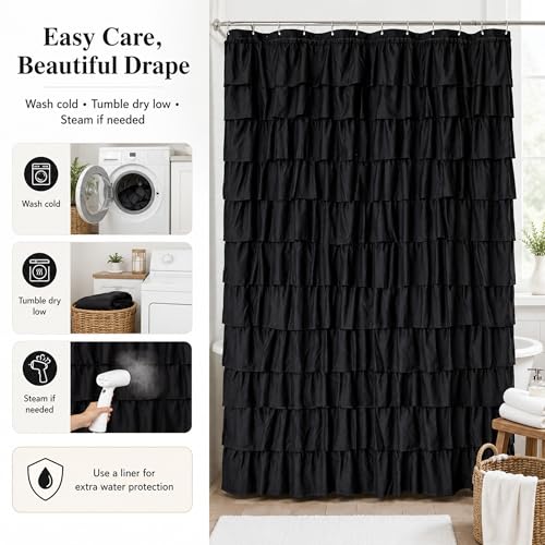 Black Gothic Shower Curtain for Bathroom, Extra-Long 72 x 84 inch, Ruffle | Cascading Layered Ruffles, 72x84, 8ft, 12 Plastic Hooks Included, Machine Washable, Soft Brushed Microfiber Fabric - color: Black, size: 72"W x 84"L (Pack of 1)