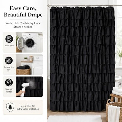 Black Gothic Shower Curtain for Bathroom, Extra-Long 72 x 84 inch, Ruffle | Cascading Layered Ruffles, 72x84, 8ft, 12 Plastic Hooks Included, Machine Washable, Soft Brushed Microfiber Fabric - color: Black, size: 72"W x 84"L (Pack of 1)