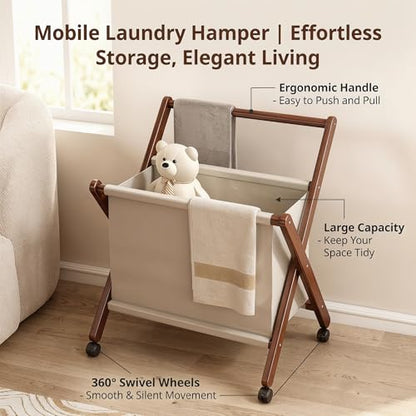 Foldable laundry cart with X-Frame – Small Bamboo wood laundry hamper | Laundry Hamper on Wheels, Collapsible Space Saving, Removable Cotton Liner, For Bathroom, RV, Dorm