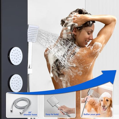 ROVOGO Shower Panel Tower System with Led Lights, 5 Shower Modes, 46.5 Inch | Rainfall Mist Shower Head, 3 Body Jets, Handheld, Waterfall Tub Spout, Stainless Steel Shower Column with Mixing Valve, Black - style: 46.5" Black