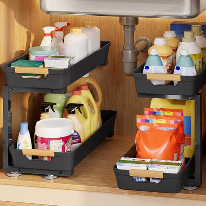 Homde Sliding Under Sink Organizer: 2-Pack Pull-Out Rack for Kitchen | 4 Easy-Access Baskets for Cluttered Cabinets - Busy Families Find Everything Instantly - Full-Extension Glide Design