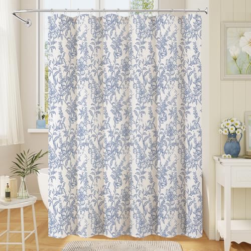 Blue Boho Linen Shower Curtain, Farmhouse Floral for Bathroom | Botanical floral print. Rustic farmhouse boho decor. Durable linen blend fabric. Machine washable for easy care. 72x84 - color: Blue, size: 72"W x 84"L (Pack of 1)