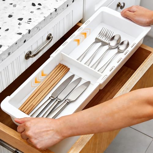 2 Pack Expandable Deep Drawer Organizer with Dividers, Sliding Drawer Tray | Adjustable Plastic Drawer Organizer with Removable Dividers for Kitchen, Bathroom, Bedroom & Desk Utensil Sorting, White