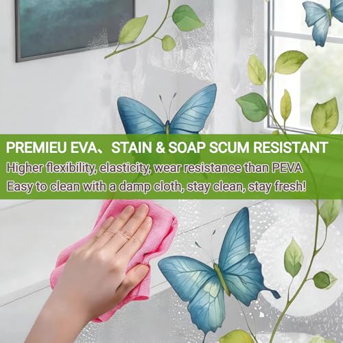 Clear Green Vine Blue Butterfly Shower Curtain Liner, Plastic Transparent Green Plant Shower Curtains for Bathroom, 72x72 Weighted Magnetic Shower Curtain Set with 12 Hooks - color: Clear Leaves Blue Butterfly, size: 72"W x 72"L (Pack of 1)