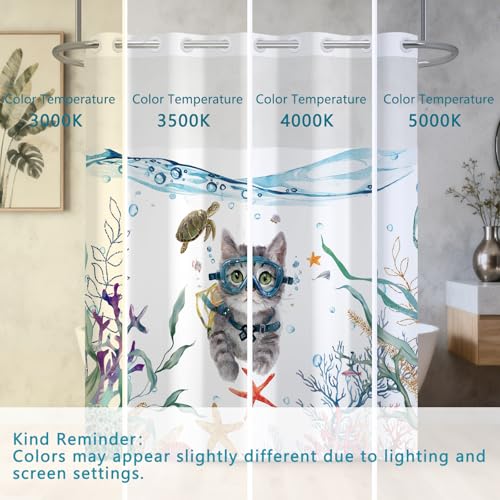 No Hook Cat Shower Curtain Set with Ventilation Top Window, Ocean Theme Funny Shower Curtain with Snap in Liner, Nautical Fabric Shower Curtains for Bathroom with Weighted Hem, 71x74 Inches - color: Underwater Explorer Cat