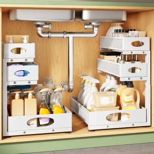 Kitstorack Under Sink Organizer 3-Tier Slide Out Drawer for Bathroom 2-Pack | Height Adjustable, Metal Mesh Storage Rack, Pull out Cabinet Organizer Shelf for Kitchen Pantry Home Laundry Organization - color: White, size: 2-Pack