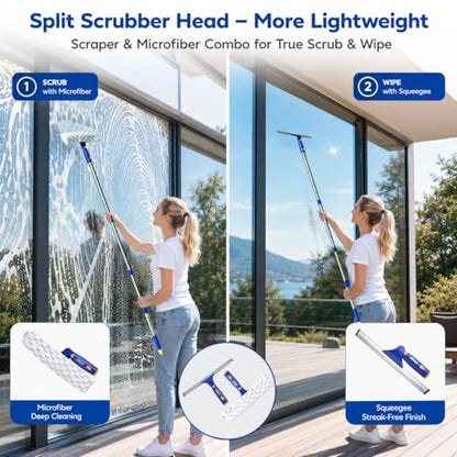 Window Squeegee with 2 Sets Separate Pole, 12" Rubber Squeegee and 11" Microfiber Pads, 60"-73.6" Telescopic Window Cleaning Kit with Rotating Head for High Windows, Shower Glass, Car Windshield - color: White&blue