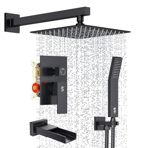 SR SUN RISE 10 Inch All Metal Square Shower System with Tub Spout, Tub Shower Faucet Set, High Pressure Rain Shower Head and Handheld Sprayer Shower Fixtues, Valve Included, Matte Black - color: Matte Black, size: 10 Inch