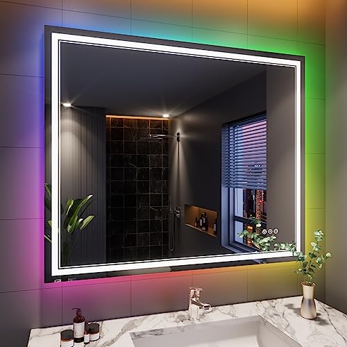 48x40 Inch RGB LED Bathroom Mirror with Lights | Front and RGB Backlit, Dimmable, Memory, Anti Fog, Shatterproof, Horizontal/Vertical, Lighted Mirrors for Bathroom Wall - color: Rgb Backlit, size: 48"L x 40"W