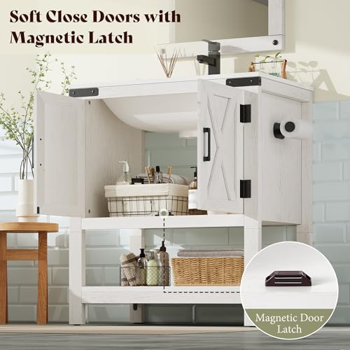 AMERLIFE 24" White Farmhouse Bathroom Vanity with Sink and Open Shelf | Antique White, Single Solid White Integrated Top, Moisture-Resistant MDF, Barn Doors, Open Shelf, Paper Towel Holder - color: Antique White, size: 24“