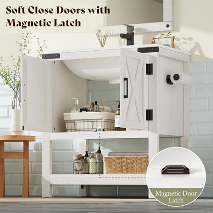 AMERLIFE 24" White Farmhouse Bathroom Vanity with Sink and Open Shelf | Antique White, Single Solid White Integrated Top, Moisture-Resistant MDF, Barn Doors, Open Shelf, Paper Towel Holder - color: Antique White, size: 24“