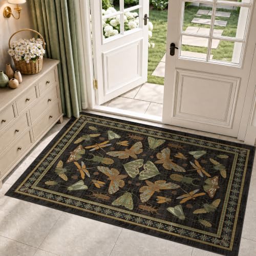 Arenarug Entryway Rug 3x5 Non Slip Washable Area Rug Insect Boho Soft Distressed Vintage Lightweight Low Pile Carpet for Living Room, Bedroom, Dining Room, Kitchen, Office, Black - color: Black, size: 3'x5'