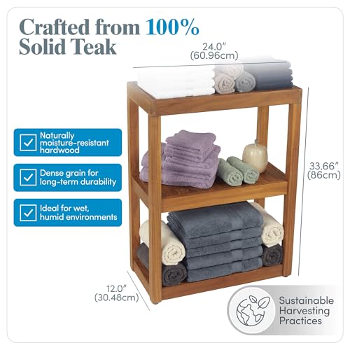 AquaTeak 12" Original Sula Rectangle Teak Bathroom Stand - Shower Stand with 3 Tier Shelf - Durable Water Resistant Shower Organizer - Space-Saving Storage Shelves with Anti-Slip Feet
