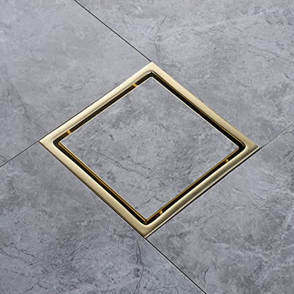 6 Inch Brushed Gold Shower Drain Square, Removable Grid Strainer Cover and Invisible Tile Insert，with Adjustable Drain Flange Kit Base PVC, SUS304 Stainless Steel Brass Face - color: Brushed Gold