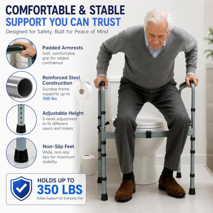 Toilet Safety Rails for Elderly, Foldable Adjustable Frame | 400 lb capacity, stand-alone design, non-slip handles, tool-free assembly, fits standard & elongated toilets