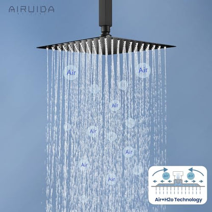Airuida 10 Inch Matte Black Shower Faucet Set,Rainfall Shower System | Ceiling Shower Head,Male Thread Rough-in Valve,Ceiling Mount,Single Handle - color: Matte Black, size: 10 Inch