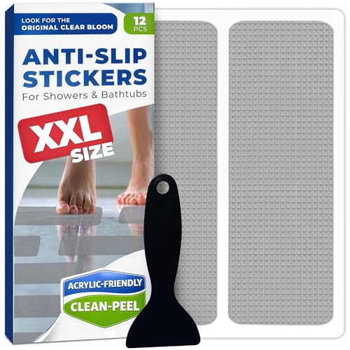 XXL Anti Slip Shower Stickers 12 PCS, Non-Slip Bath Tub Strips, Gray | Improves Grip and Traction on Wet Floors | Safety Option for Seniors & Adults | Peel-and-Stick Install, Scraper Tool Included - color: Gray