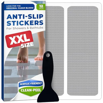 XXL Anti Slip Shower Stickers 12 PCS, Non-Slip Bath Tub Strips, Gray | Improves Grip and Traction on Wet Floors | Safety Option for Seniors & Adults | Peel-and-Stick Install, Scraper Tool Included - color: Gray