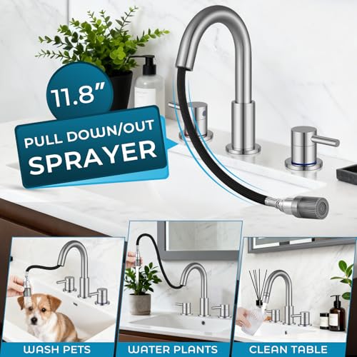 8 Inch 3 Hole Brushed Nickle Pull Down Bathroom Sink Faucet | Stainless Steel,Two Water Flow Modes,Brushed Nickle,3 hole Widespread,Pop-up Drain,Water Supply Hoses,Pull Down Sprayer, - color: A-Brushed Nickel