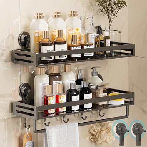 Suction Cup Shower Caddy with 5 Hooks & Towel Rrack 15.7inch Grey | No Drilling Shower Organizer with Large Capacity, Rust-resistant Bathroom Organizer, With 2 Backup Suction Cups (2-Pack) - size: 15.7 inches(2pack Dark Grey)