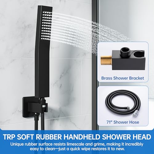 Hawkrown 10 Inch Luxury Rain Shower Faucet Set, Matte Black Shower System with Rainfall Shower Head and Handheld Spray, SUS304 Stainless Steel and Solid Brass Wall Mounted Shower Valve Trim Kit - color: Matte Black, size: 10 Inch