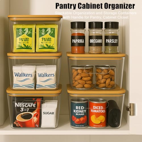 CiWiVOKi 6 Pack Clear Stackable Storage Bins with Bamboo Lids, 3.7L BPA-Free Plastic Organizer Containers with Handles, for Pantry, Kitchen, Fridge, Bathroom, Cabinet & Closet Organization - size: 6 Pack Storage Bins with Lids