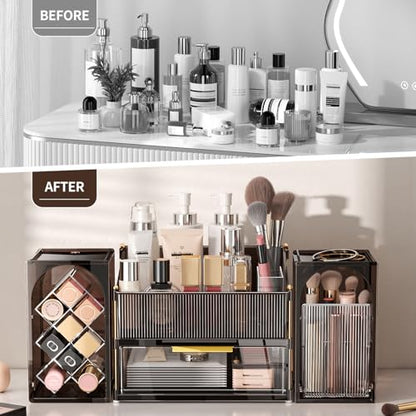 INVSSENE Stackable Makeup Organizer Countertop, Storage Perfume Skincare Cosmetic Lipstick Face Mask Makeup Brush Palettes, Ideal for Vanity Bathroom Counter - color: 3516 Coffee+Clear