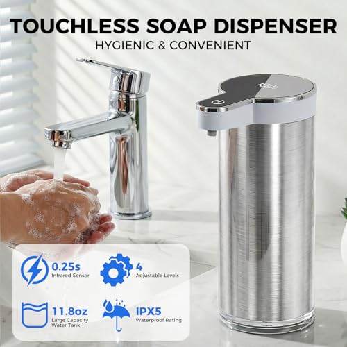 Automatic Foaming Soap Dispenser Touchless, Stainless Steel Hand Soap Dispenser, USB Rechargeable, 4 Adjustable Levels, 11.8oz/350ml for Kitchen and Bathroom (Stainless Steel White, Foam) - color: Stainless Steel White, size: Foam