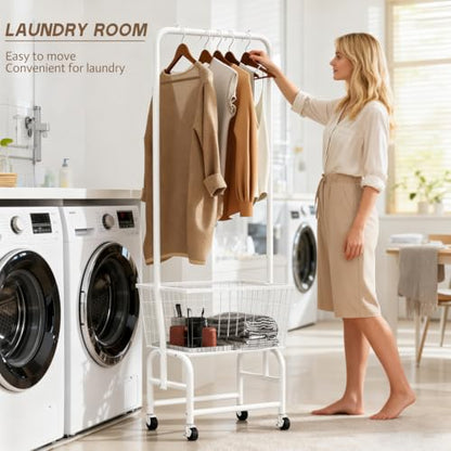 ALIMORDEN Rolling Laundry Cart with Hanging Rack & Metal Basket, White | 360° Lockable Casters, Wire Laundry Basket Cart, Hanging Rack, Powder Coated Frame for Laundry Room & Bedroom Storage - color: White